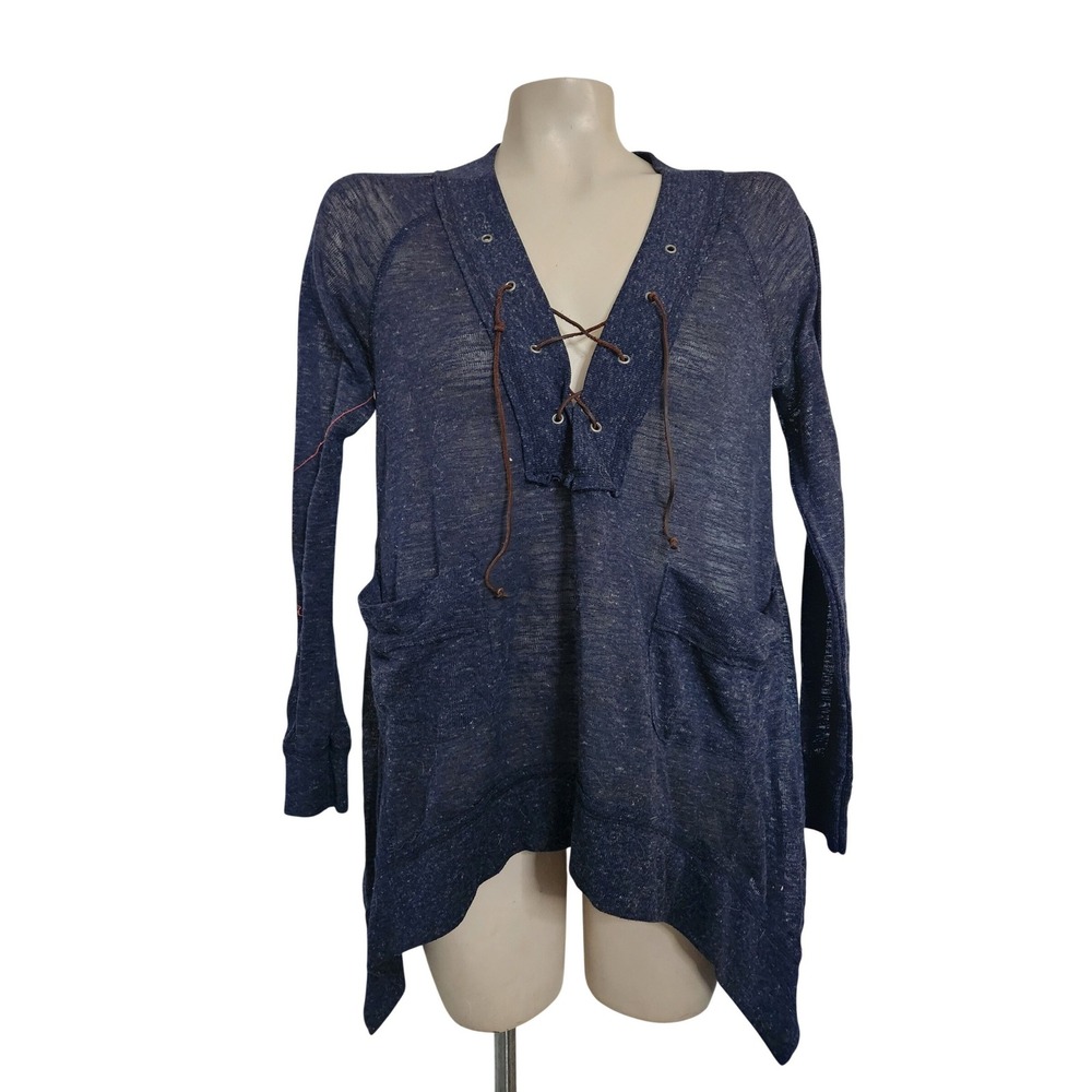 Free People‎ Navy Blue Lace Up V-Neck Linen Blend Slub Knit Tunic Top Pockets
